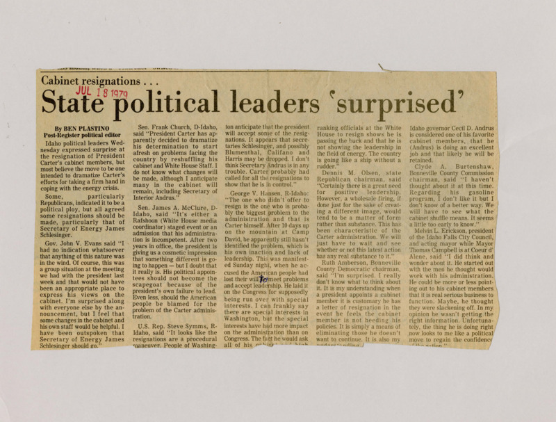 A newspaper article documenting the reactions from Idaho leaders to the presidential cabinet shuffling and mass resignations. Carter explains the shuffling as way to get new ideas to help solve the energy crisis.