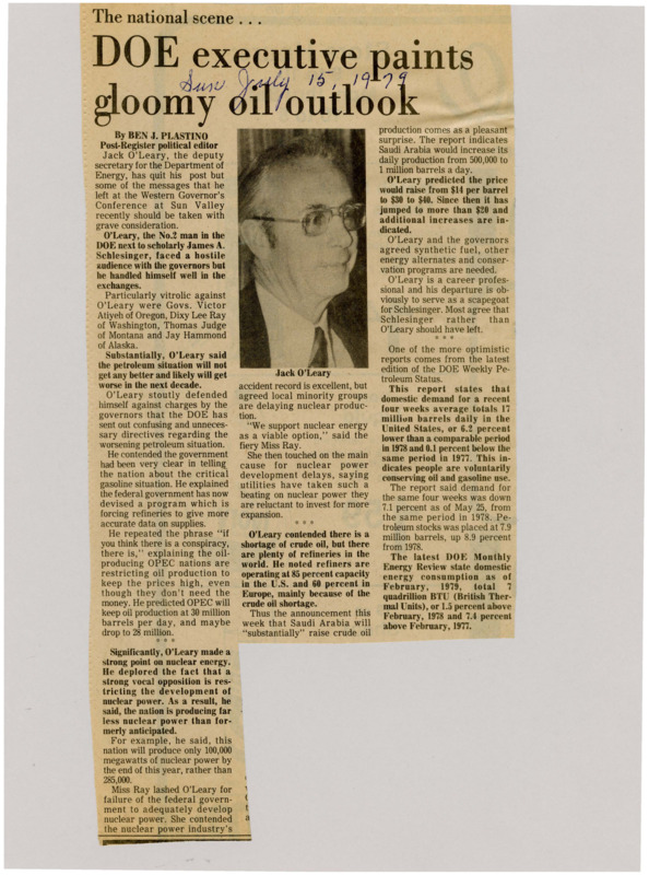 A newspaper article detailing energy conditions presented by secretary of the department of energy Jack O'Leary. O'Leary points out problems in oil production in the US and the world documenting the shortage of crude oil, and that the situation will get worse. Image labeled "Jack O'Leary."