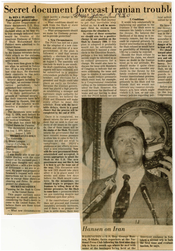 A newspaper article detailing a secret document forecasting political turmoil in Iran. There's also discussion on future political dealings with Iran. Image labeled "Hansen on Iran."