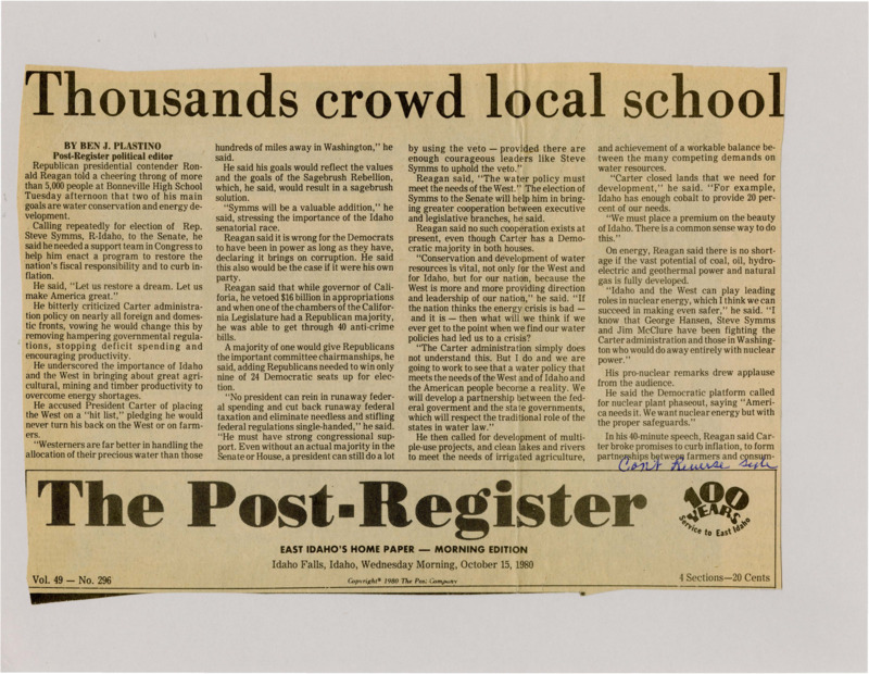 A newspaper article detailing presidential candidate Ronald Reagan's visit to Bonneville high school. The article includes quotes and topics discussed such as the Sagebrush rebellion, timber industry, and criticism of Jimmy Carter.
