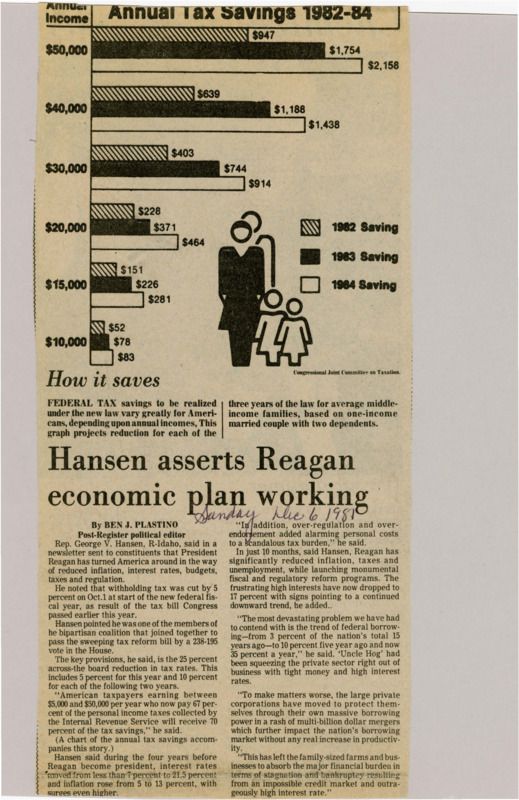 A newspaper article discussing Rep. George Hansen's newsletter insisting that Ronald Reagan's economic policy was working.  A graph labeled "How it saves."