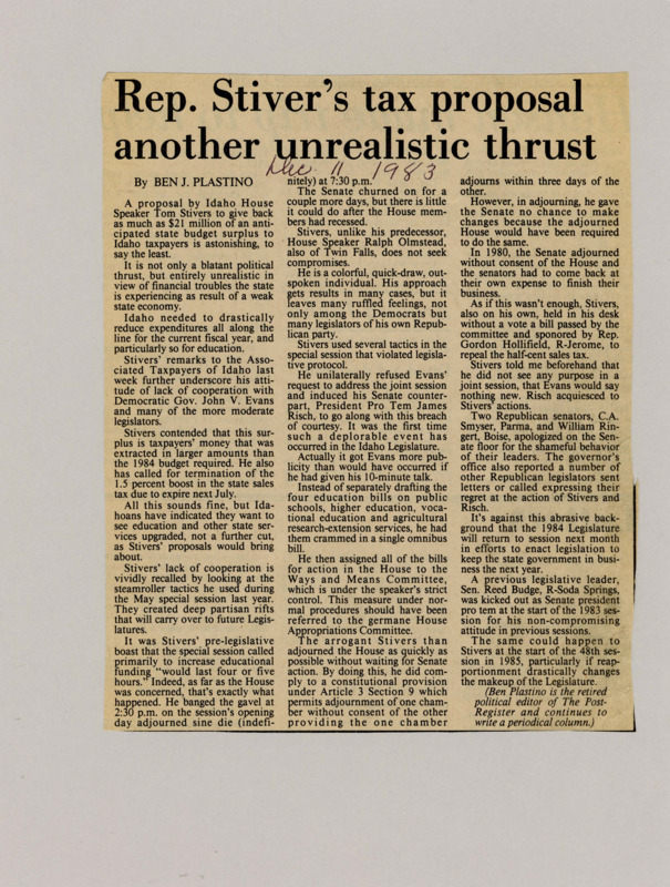 A newspaper article criticizing Idaho house speaker Tom Stivers proposal to reimburse taxpayers with surplus. Plastino writes with the economic conditions of the state being tentative such an action is unrealistic and purely political maneuvering.