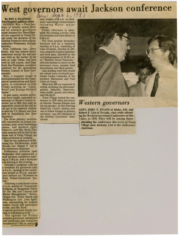 A newspaper article detailing the upcoming western governors conference and the topics discussed. The key speaker secretary of the interior James Watt will be discussing future environment policy. Image labeled "Western governors."