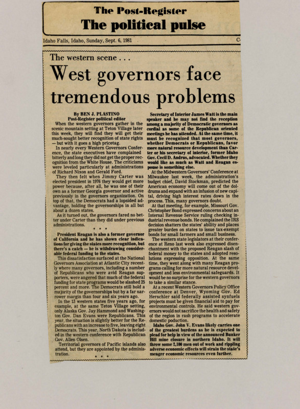 A newspaper article detailing the future western governors conference and positing whether Democratic governors will agree with James Watt. This talk on environmental regulation comes in the backdrop of the closing of Bunker Hill smelter in northern Idaho.