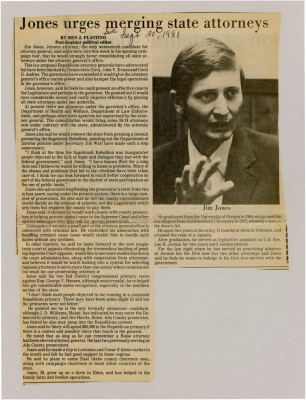 A newspaper article discussing Idaho AG Jim Jones' support for merging all state employed attorneys under the attorney general's office. Image labeled "Jim Jones."