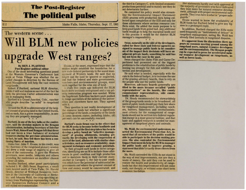 A newspaper article discussing possible changes to BLM land management under the new Reagan administration. The changes would be better cooperation with land users and finding economic growth opportunities.