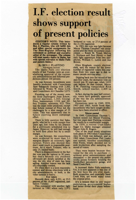 A newspaper article discussing the results of the municipal elections and their perceived approval of the current Mayor Thomas Cambell. A history of previous mayoral support is also included with the relatively few times voters disapproved of the Mayors policies.