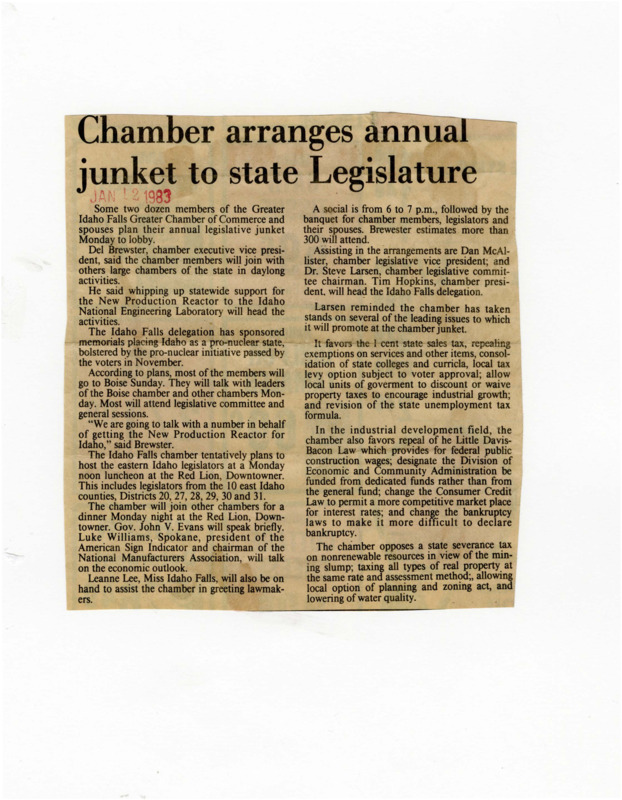 A newspaper article detailing the Idaho Falls chamber of Commerce day long press junket for Idaho legislators. The chamber of commerce hopes to help support pro nuclear initiatives, as well as air their opinions on recent tax reforms.