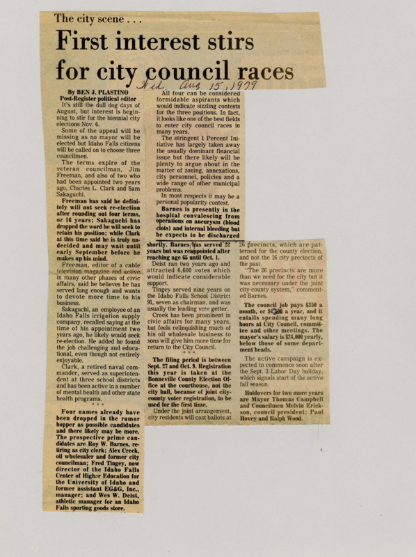 A newspaper article detailing the upcoming Idaho Falls municipal election. Possible candidates are listed and their political background.