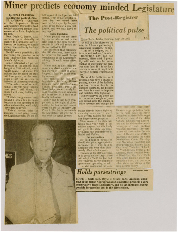 A newspaper article discussing Rep Doyle C. Miner's predictions for the upcoming session. He believes with the current state of the economy few taxes are going to be passed and spending will be limited. He does predict some areas will get preferential treatment namely university funding. Image labeled "Holds pursestrings."