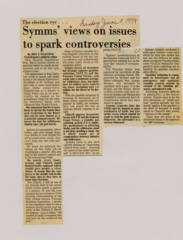 A newspaper article detailing Rep. Steve Symms possible run for senate and a collection of his positions on important issues compared to current senator Frank Church's.
