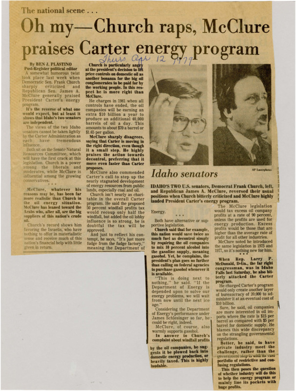 A newspaper article detailing Idaho senators James McClure and Frank Church views of Carter's  energy policy reform namely removing domestic oil price control. The article finds it funny that the Republican McClure supported Carters policy while Church criticized it. Image labeled "Idaho senators."