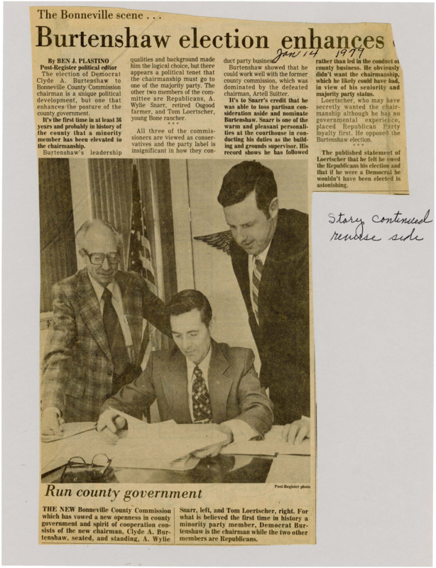 A newspaper article discussing Democrat Clyde Burtenshaws win as chairman of the Bonneville county commission. This is relevant because its the first time a non majority party leader has been elected to the position.  Image labeled "Run county government."