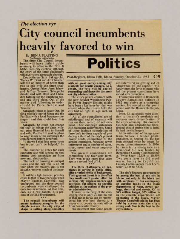 A newspaper article documenting the popularity of the city council and their strong chances to win reelection. The article also discusses Idaho Falls municipal governments finances and claims they have one of the best financial track records in the state.