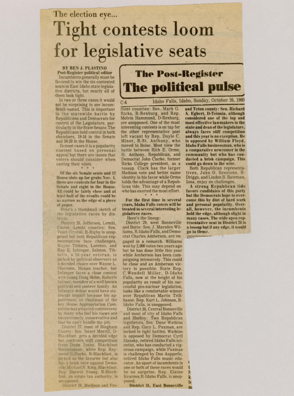 A newspaper article detailing the close legislative races throughout the state with a general GOP lean but Democrats hope to overcome with aggressive campaigning in the 1980 general election.