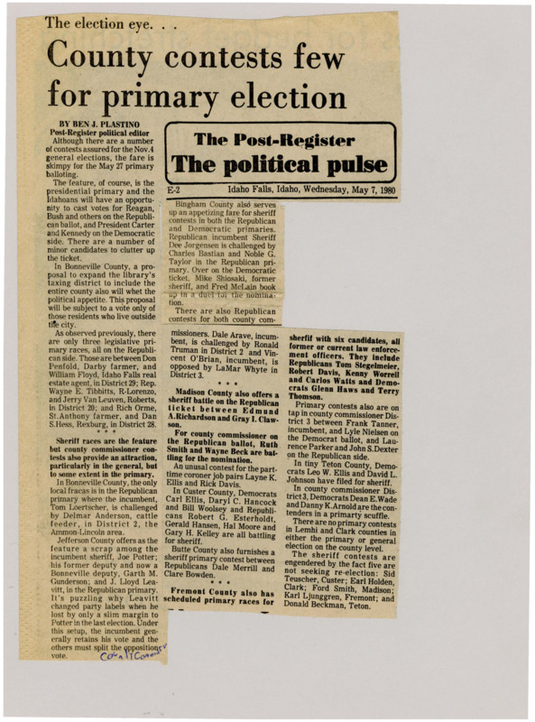 A newspaper article discussing the lack of contests in the upcoming primary election. Contested races are highlighted.