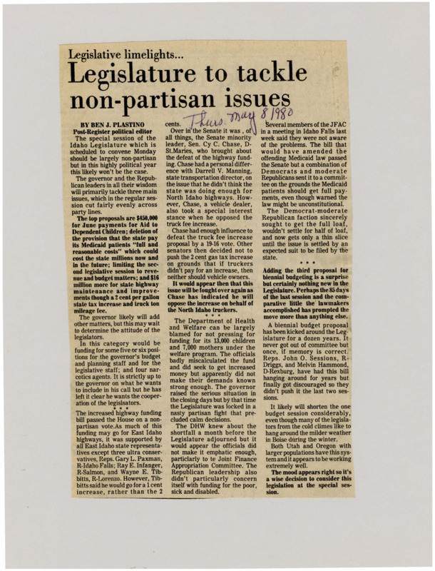 A newspaper article discussing the upcoming special legislative session that will focus on a proposal for payments for Aid to Dependent Children, removing a provision that the state pay for Medicaid patients, limiting the second legislative session to revenue and budget matters, and funds for highway maintenance and improvements.