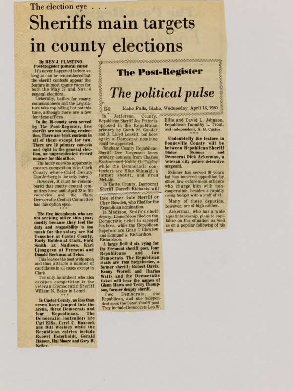 A newspaper article discussing the large number of sheriff races that will be up for election in both the May 27 and November 4 election in 1980. The eight Eastern Idaho county sheriff contest are briefly covered.