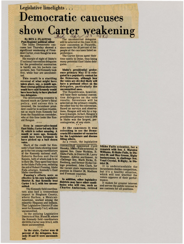 A newspaper article analyzing the results of the 1980 democratic primary. Senator Ted Kennedy's performance could indicate a weakening of President Carter. Other results from the caucuses is discussed.
