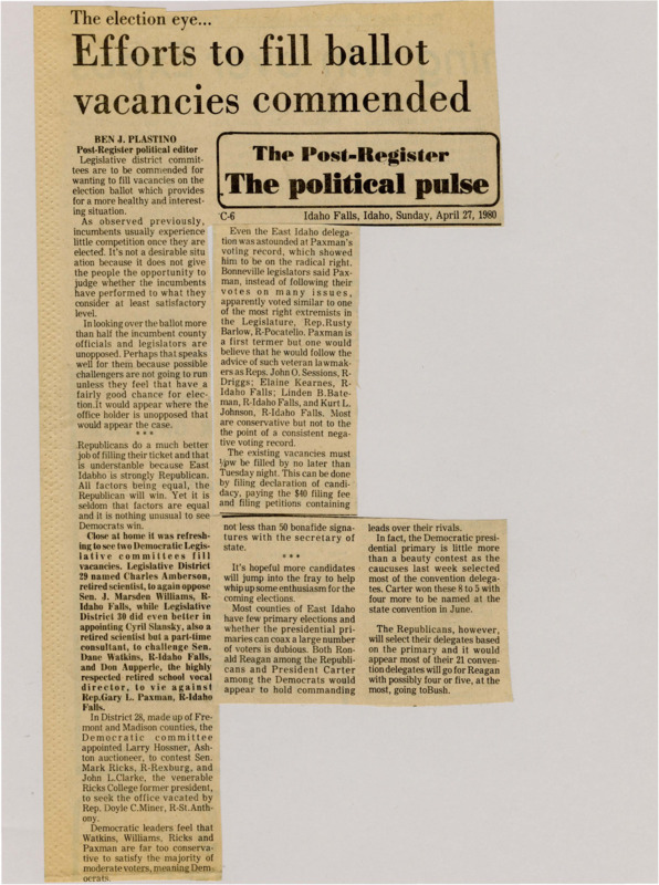 A newspaper article expressing approval of efforts by both the Republicans and the Democrats to fill vacancies on the election ballot. The primary elections for the two parties and the allocation of delegates is also discussed.