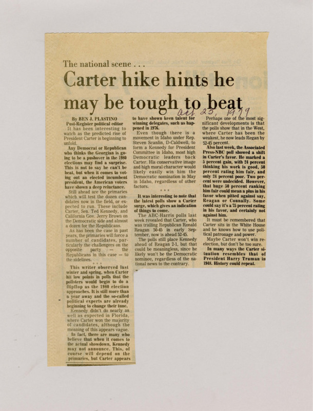 A newspaper article discussing the rise of President Carter in the polls as the 1980 election approaches. Carter's rivals for the democratic nomination include Senator Ted Kennedy and California Governor Jerry Brown.