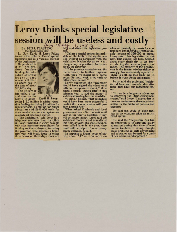 A newspaper article about Lt. Governor David H. Leroy's criticisms of Governor John V. Evan's special legislative session to appropriate additional educational funding. One photograph is included subtitled "Lt.Gov. David H. Leroy".