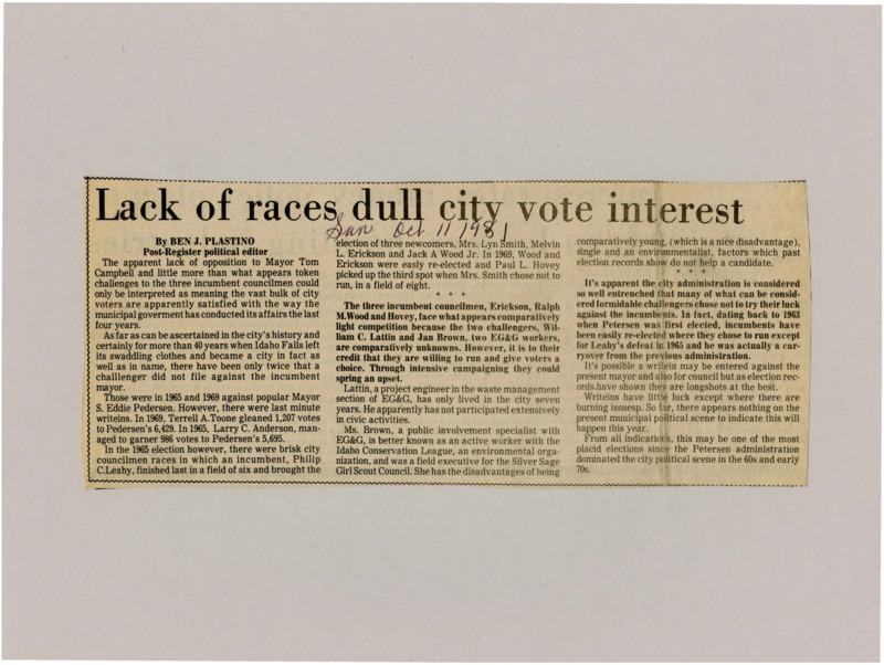 A newspaper article discussing the reasons behind the lack of challengers for the incumbent mayor of Idaho Falls and three city councilmen. There may be additional write in candidates, but history shows those are seldom successful.