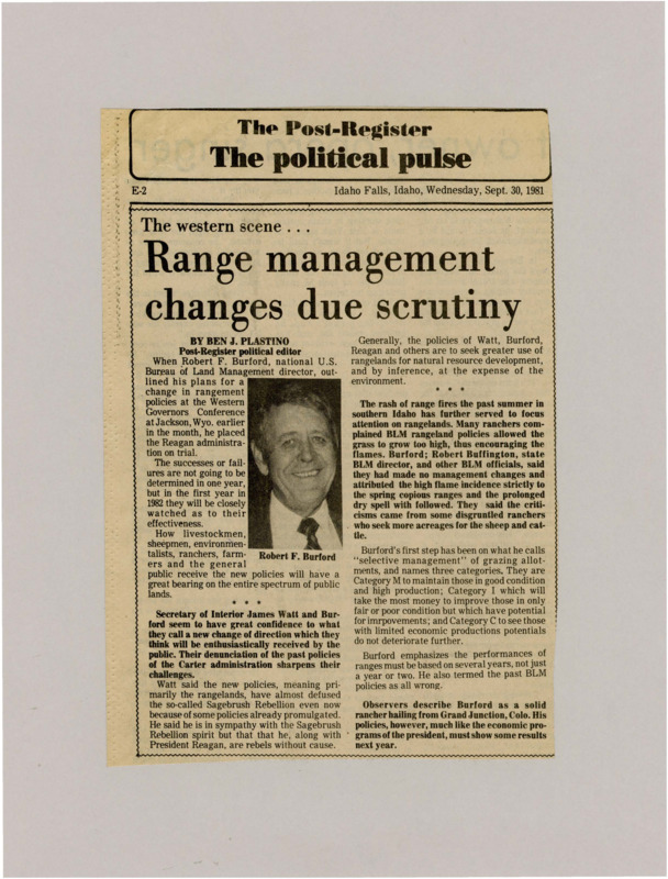 A newspaper article about the potential changes to the United States Bureau of Land Management rangement policies.  One photographs is included subtitled "Robert F. Buford".