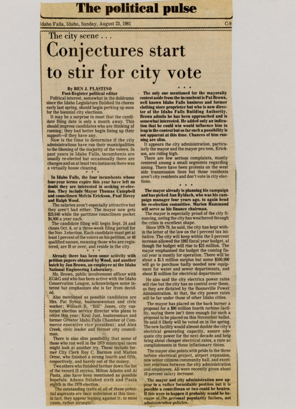A newspaper article discussing the impending election for several positions in the Idaho Falls city government. The mayor and three councilmen will be running for re-election after their four-year terms expire.