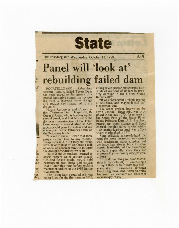 A newspaper article about the special legislative session committee that will be evaluating if the Teton Dam should be rebuilt or if there is a need to address regional drought in other ways.