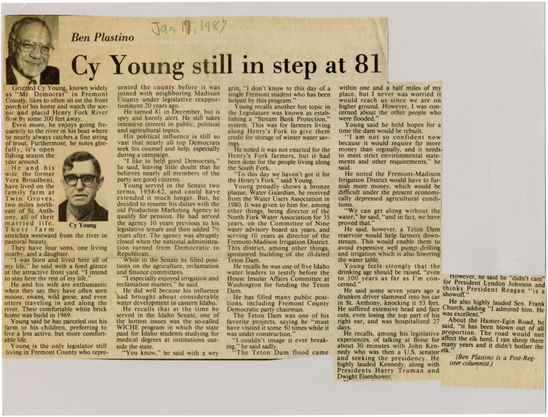 A newspaper article highlighting Cy Young, a former Senator, and his life in Fremont county. Young was named "Water Guardian" for his work on water management.
