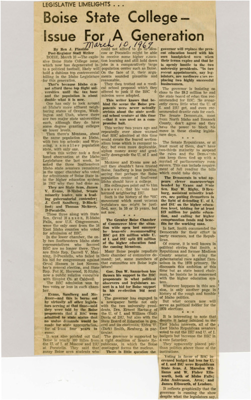 A newspaper article discussing the challenges of Idaho maintaining three state colleges. Different politicians and political groups split their support between Boise State University, the University of Idaho, and Idaho State University.