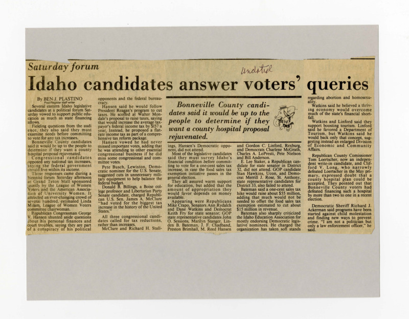 A newspaper article about a political forum held for congressional candidates to answer questions from the audience.
