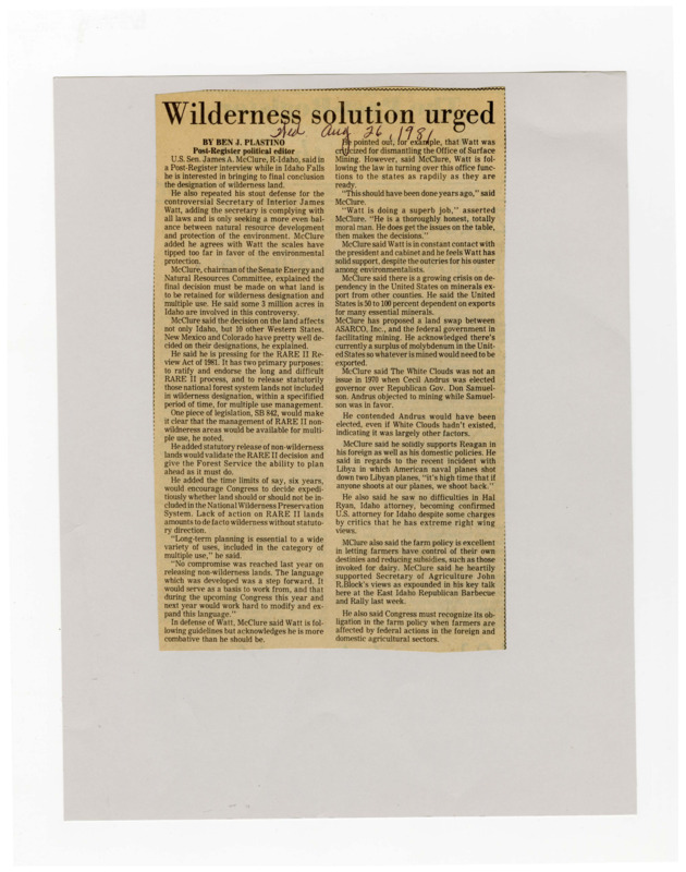 A newspaper article about Senator James A. Mcclure's stance on changing the designation of wilderness lands in Idaho.