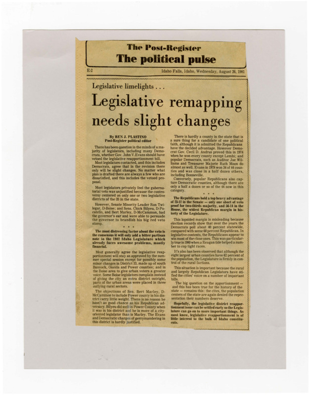 A newspaper article discussing Governor Evans' recent veto, the Democrat's challenges in the state legislature, and the challenges of legislature mapping in Idaho.