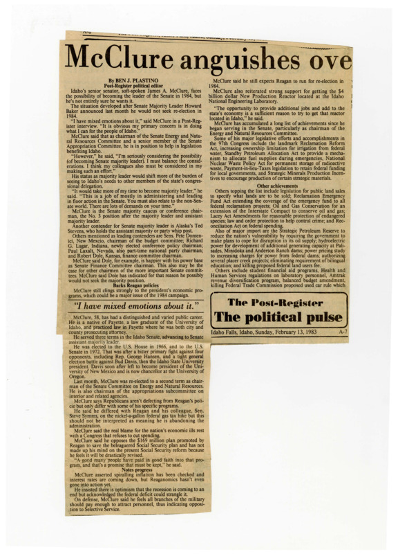 A newspaper article giving a history of Senator James A. McClure and his achievements as he considers becoming Senate Majority Leader in 1984. A photograph is included subtitled "A changing of the guard?"