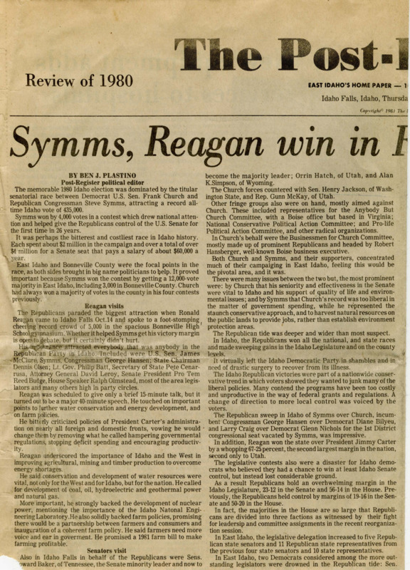 A newspaper article about the gains that the Republican party made in Idaho during the 1980 election season and the high-profile Republican visitors who campaigned in Idaho. One photograph is included subtitled "Republican hurrahs."