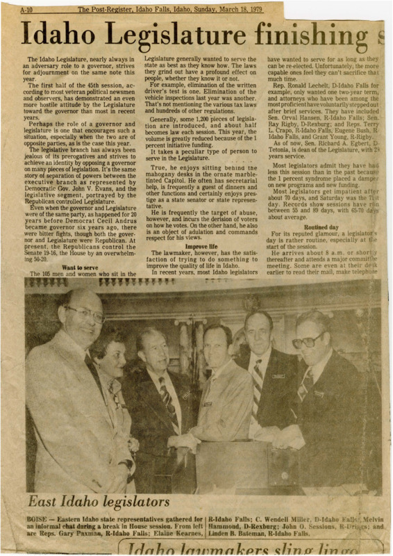 A newspaper article discussing the tensions between the Idaho legislature and Governor Andrus, the duties and responsibilities of the 105 members of the legislature, and routines and vernacular that the legislators use. Three photographs are included, subtitled "East Idaho legislators," Touch of beauty," and "Democratic Leaders."