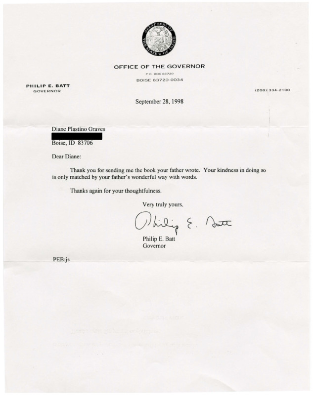 A letter from Governor Philip E. Batt to Diane Plastino Graves expressing gratitude for being sent the book by Ben Plastino.