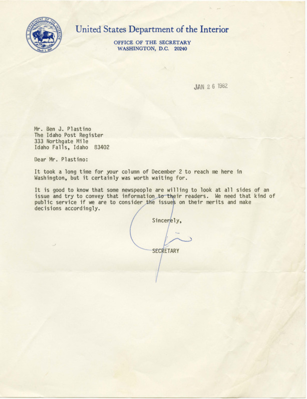 A letter from James G. Watt, Secretary of the Interior, to Ben Plastino about the balanced reporting in the December 2nd column.