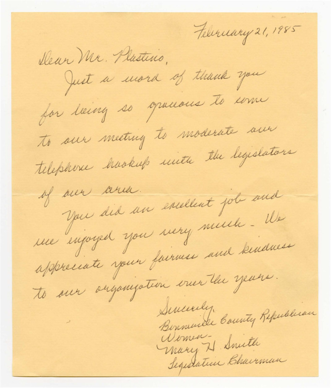 A handwritten letter from the Bonneville County Republican Women to Ben Plastino. Text reads "Dear Mr. Plastino, Just a word of thank you for being so gracious to come to our meeting to moderate out telephone hookup with the legislators of out area. You did an excellent job and we enjoyed you very much. We appreciate your fairness and kindness to our organization over the years. Sincerely, Bonneville County Republican Women Mary H Smith Legislative Chairman"