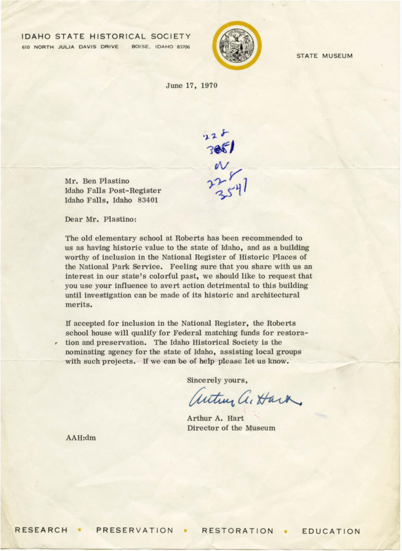 A letter from Arthur A Hart to Ben Plastino about including the elementary school at Roberts in the National Register of Historic Places of the National Park Service.