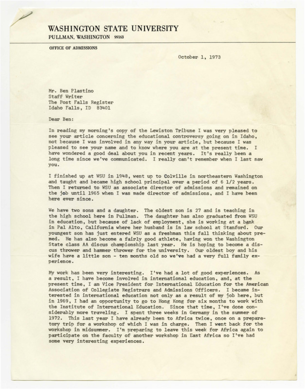 A letter from Stan Berry, Director of Admissions, Washington State University, to Ben Plastino about the article in the Lewiston Tribune concerning a controversy in education.