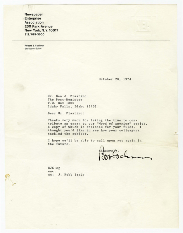A letter from Bob Cochnar to Ben J. Plastino expressing gratitude for an essay submitted to the "Mood of America" series.