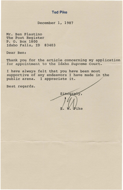 A letter from E. W. Pike to Ben Plastino expressing gratitude for an article about Pike's application for appointment to the Idaho Supreme Court.