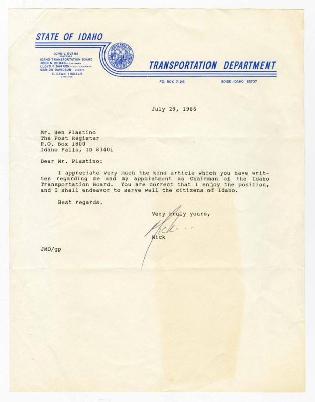 A letter from Mick to Ben Plastino expressing gratitude for an article about the appoint of the Chainman of the Idaho Transportation Board.