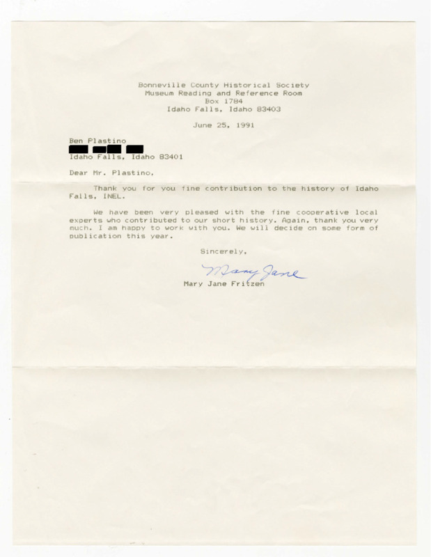 A letter from Mary Jane Fritzen to Ben Plastino expressing gratitude for his contribution to the history of Idaho Falls and the Idaho National Engineering Laboratory(INEL).