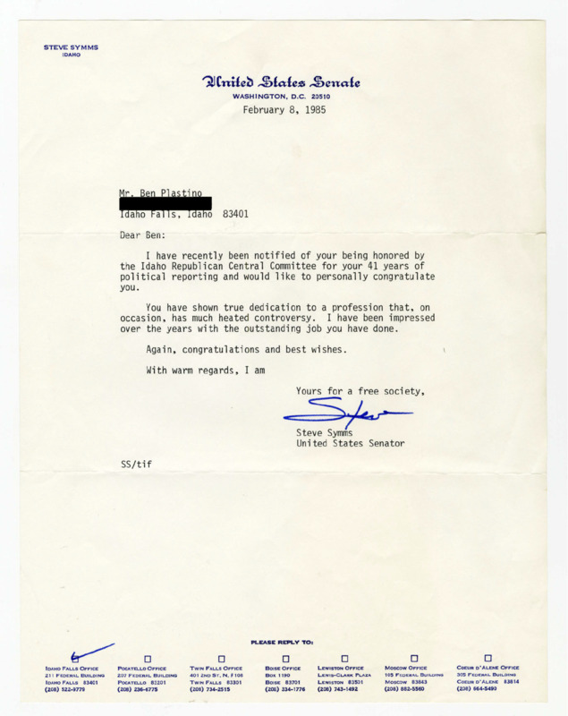 A letter from Senator Steve Symms to Ben Plastino congratulating him on being honored by the Idaho Republican Central Committee for 41 years of political reporting.