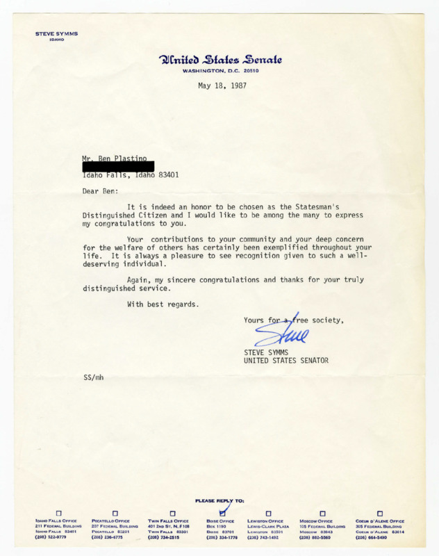 A letter from Senator Steve Symms to Ben Plastino congratulating him on being selected as the Stateman's Distinguished Citizen.