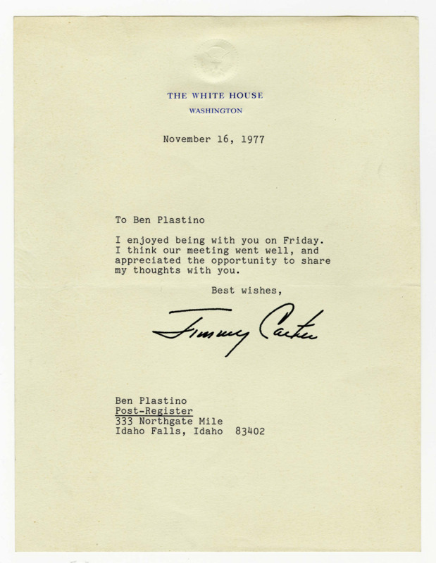 A letter from President Jimmy Carter to Ben Plastino about meeting and talking together.